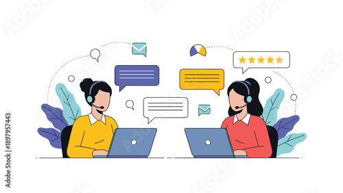 Customer service representatives wearing headsets and working on laptops with communication icons and speech bubbles in the background.