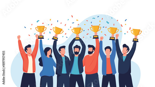 Group of happy multiracial business people celebrating success and holding gold winner trophies while colorful confetti falls around them.