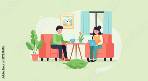 Two people sitting on sofas in a room with a table and plants