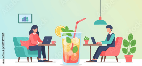 Two people work on laptops at tables, a large drink sits between them