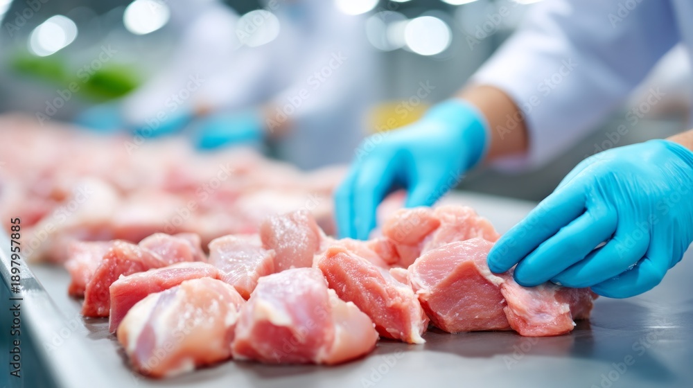 custom made wallpaper toronto digitalCareful hands in blue gloves handle raw meat pieces in a hygienic processing facility. The focus is on quality, precision, and safety as every cut is expertly managed