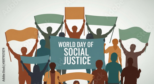 Diverse group of people holding signs and flags celebrating world day of social justice together in unity and solidarity