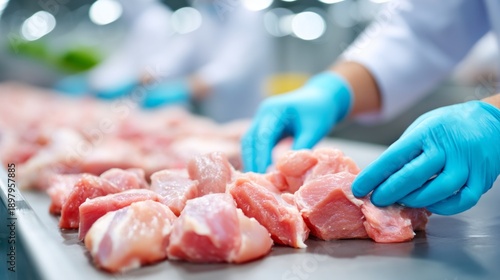 Wallpaper Mural Careful hands in blue gloves handle raw meat pieces in a hygienic processing facility. The focus is on quality, precision, and safety as every cut is expertly managed Torontodigital.ca