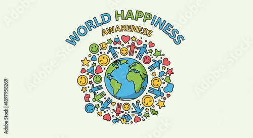 Colorful world happiness awareness illustration with globe and symbols surrounding it on a light background