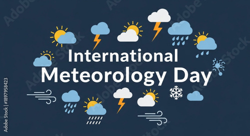 International meteorology day graphic with weather icons on dark blue background celebrating meteorological awareness with sun clouds rain and wind symbols