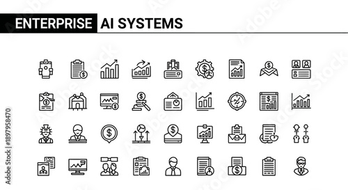Enterprise AI Systems Icons Set: Business, Data, Technology, Finance & Growth Concepts