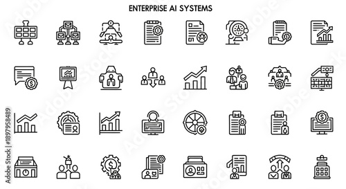 Enterprise AI Systems Icons Set: Technology, Data, Analytics, Business Concepts