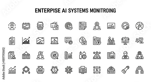 Enterprise AI Systems Monitoring Icons: Data Analysis, Business Growth, Workflow