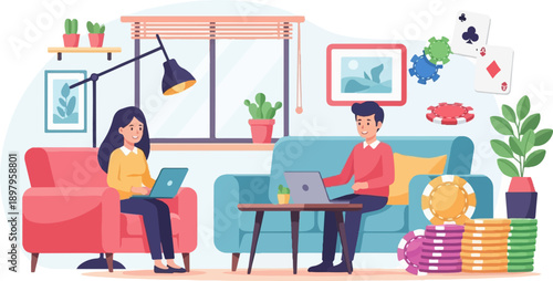 Two people sitting on sofas using laptops in a room with plants and gambling chips