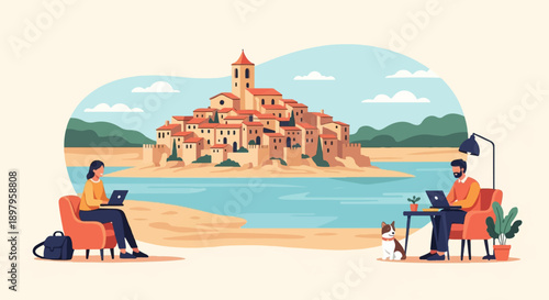 Two people work on laptops by a coastal village, with a dog present