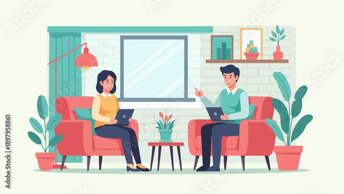 Two people sitting on sofas with laptops, talking