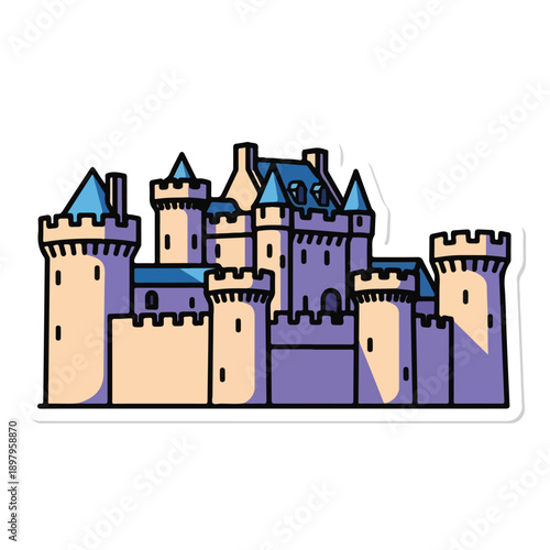 A medieval-style castle with purple and beige walls and blue roofs