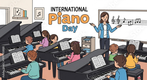 Piano teacher instructing students on international piano day in a classroom with multiple pianos