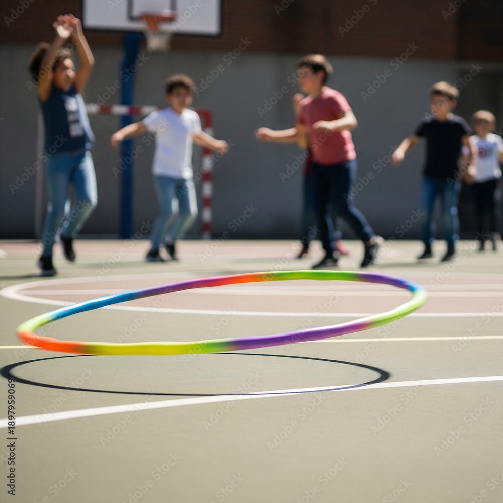 Obraz premium A colorful hula hoop spinning on the ground of an outdoor basketball court, with children dancing in the blurred background, highlighting youthful recreation.
