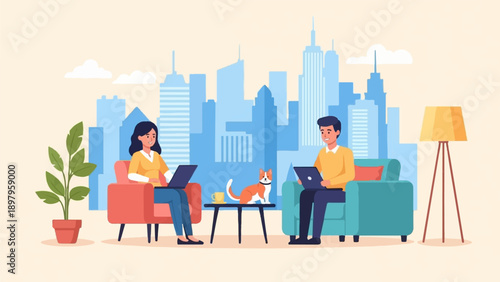 Two people work on laptops in a cozy living room with a cat, city skyline backdrop