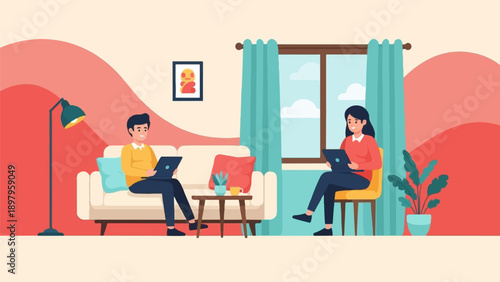 Two people work on laptops in a cozy living room with a couch and window