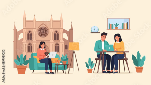 Two people work on laptops in apartments with a cathedral backdrop