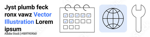 Productivity, global connectivity, planning tools, workflow management, maintenance, repair services. Calendar with check marks, globe and wrench icon. Productivity and global connectivity