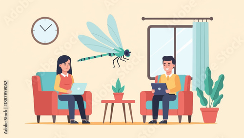 Two people work on laptops in armchairs, a dragonfly flies nearby