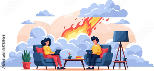 Two people work on laptops in armchairs near a falling fiery object