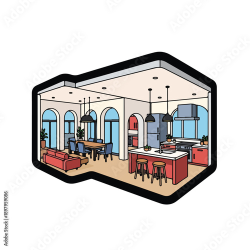 A modern open-plan living space with kitchen and dining