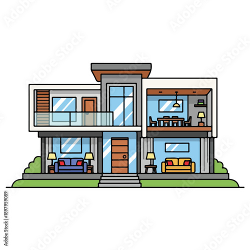 A modern two-story house with cutaway view