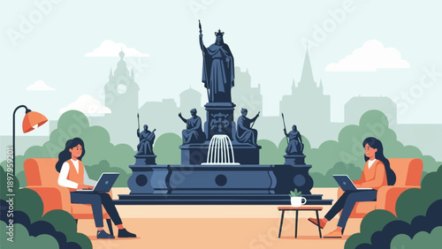 Two people work on laptops in comfortable chairs near a monument and fountain