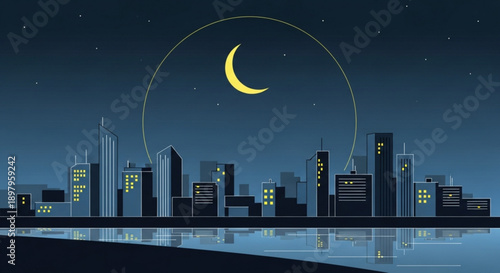 Crescent Moon over City Skyline at Night with Reflections