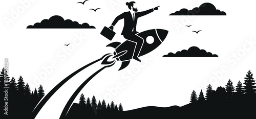 Silhouette illustration of businessperson riding rocket over forest landscape for ambition, growth, and career advancement design content