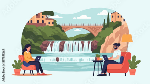 Two people work on laptops in comfortable chairs near a waterfall
