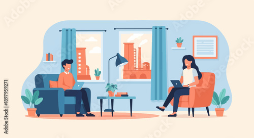 Two people work on laptops in comfortable chairs near windows showing factories