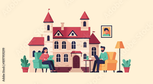 Two people work on laptops in comfortable chairs outside a stylized castle-like building