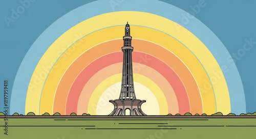 Minar-e-Pakistan Monument with Rainbow Colors during Sunset