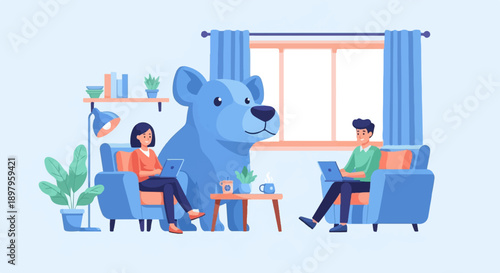 Two people work on laptops in cozy armchairs with a giant dog