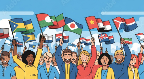 Diverse Group of People Holding International Flags in Unity
