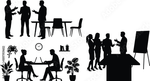 Silhouette illustration of multiple office scenes with meetings, laptops, and decor for teamwork and business design content
