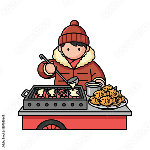 A person in a red coat cooking