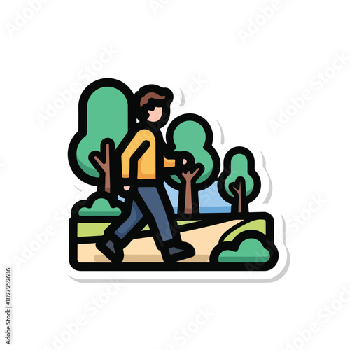 A person strolling on a path surrounded by trees