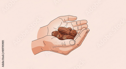 Hands Holding Dates on Beige Background, Isolated, Flat Illustration