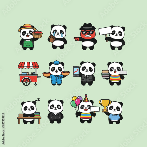 Cute Cartoon Panda Characters in Various Roles and Activities