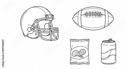 American Football Game Day Essentials Including Helmet, Ball, Snack, and Beverage