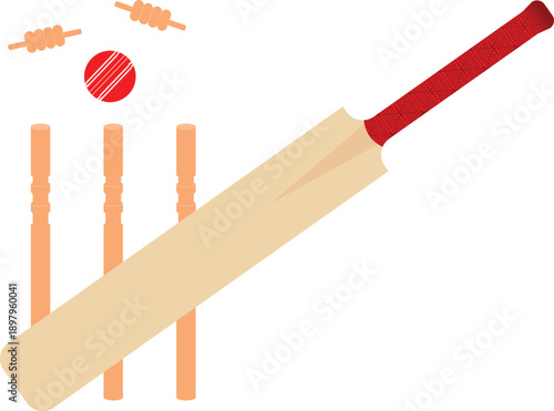 Cricket Bat with Red Ball and Wicket Hit Action Vector Illustration