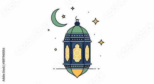 An ornate lantern illustration surrounded by celestial elements and stars in a night sky