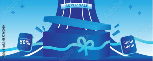 Super Sale promotional design with a warm orange color palette. Featuring discount vouchers, cashback, and free shipping elements, this illustration is perfect for holiday sales campaigns, e-commerce