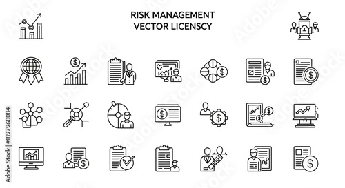 Risk Management Icons Set: Strategy, Analysis, Business Growth, Finance, Planning