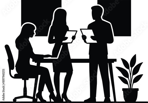 Silhouette office scene with three professionals at desk using laptops and tablets for collaboration and business design content