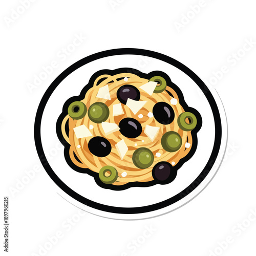 A plate of pasta with olives and cheese
