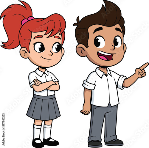 Cute cartoon school boy and girl characters, students in uniform, educational kids illustration, friendly classmates, vector design