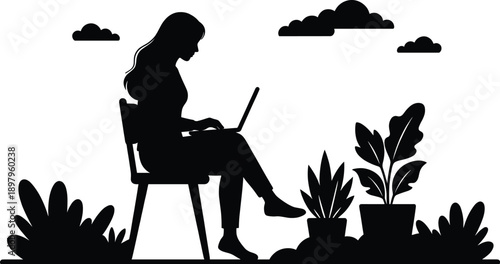 Silhouette outdoor workspace icon with person on laptop surrounded by plants and clouds for nature-inspired productivity design content