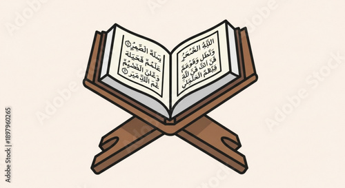 Quran Book on Rihhal Open on Stand, Islamic, Religious and Arabic Calligraphy, Vector Illustration